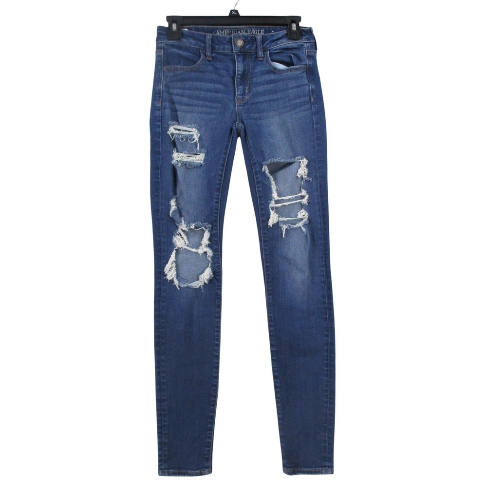 American Eagle Super Stretch X Skinny Jeans Blue Distressed Ripped Womens‎ 00